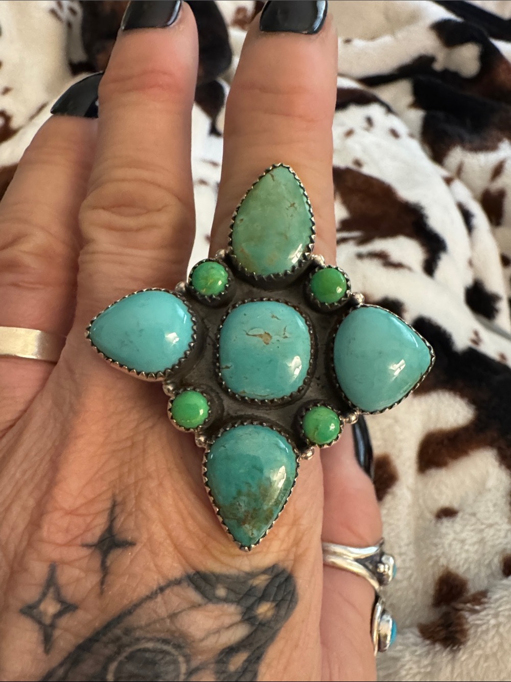925 silver Turquoise Statement Ring - Blue Green Cluster Design